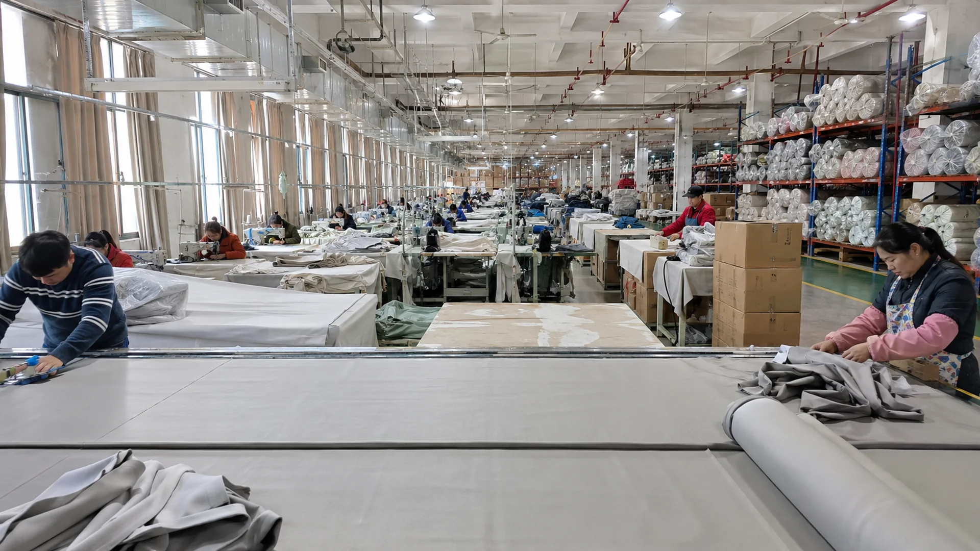 Wide view of Xinlan Curtain's finished curtain production workshop