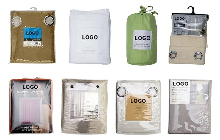 Eight private-label curtain packaging formats, including PVC bags with inserts, hanger cards, drawstring bags and printed retail bags